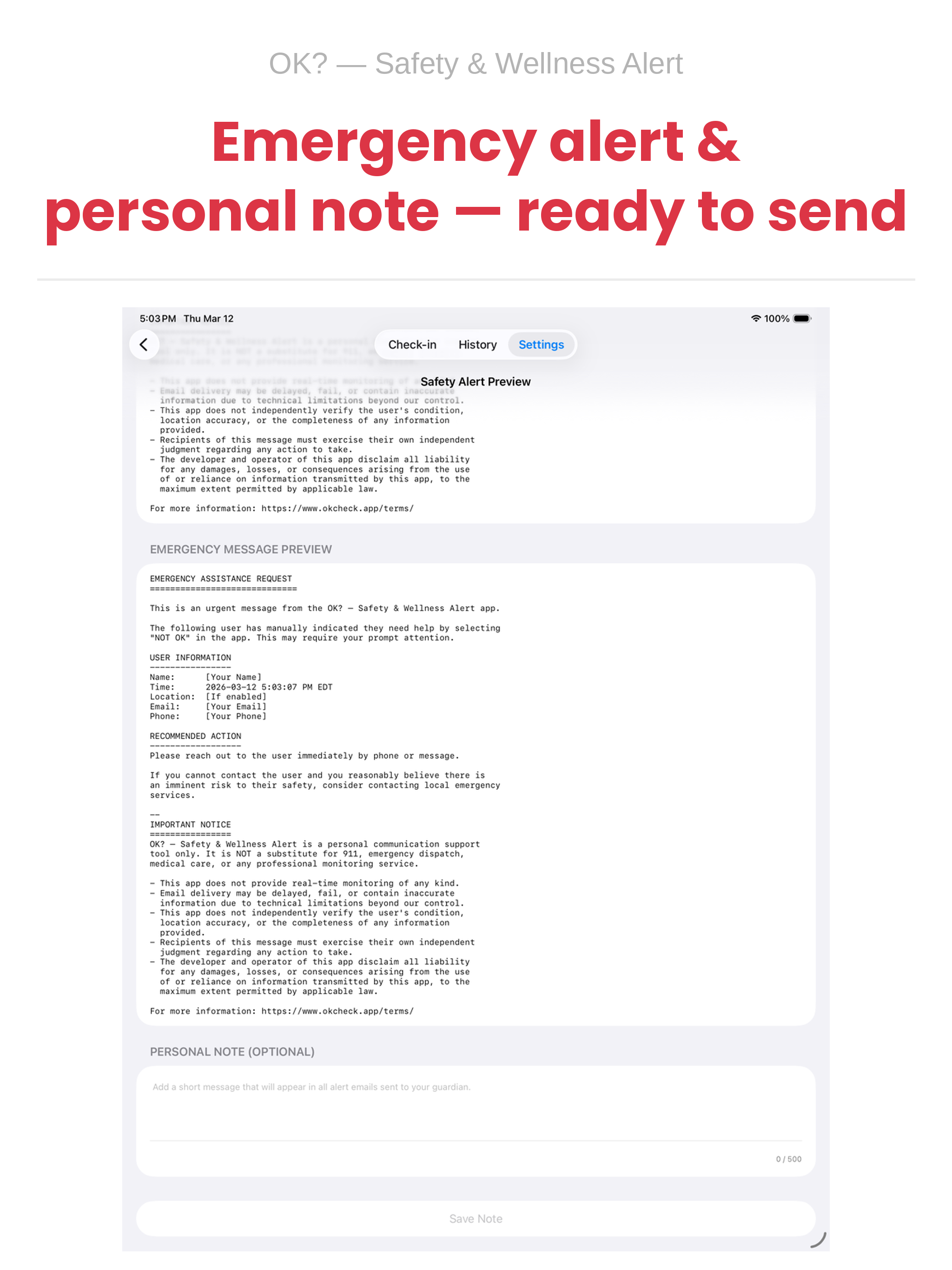 Emergency alert and personal note — iPad